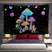 Vibrant psychedelic rainbow cartoon planet mushroom tapestry with iridescent hues and cosmic elements for bedroom wall art