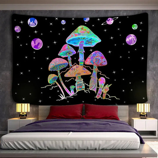 Vibrant psychedelic rainbow cartoon planet mushroom tapestry with iridescent hues and cosmic elements for bedroom wall art