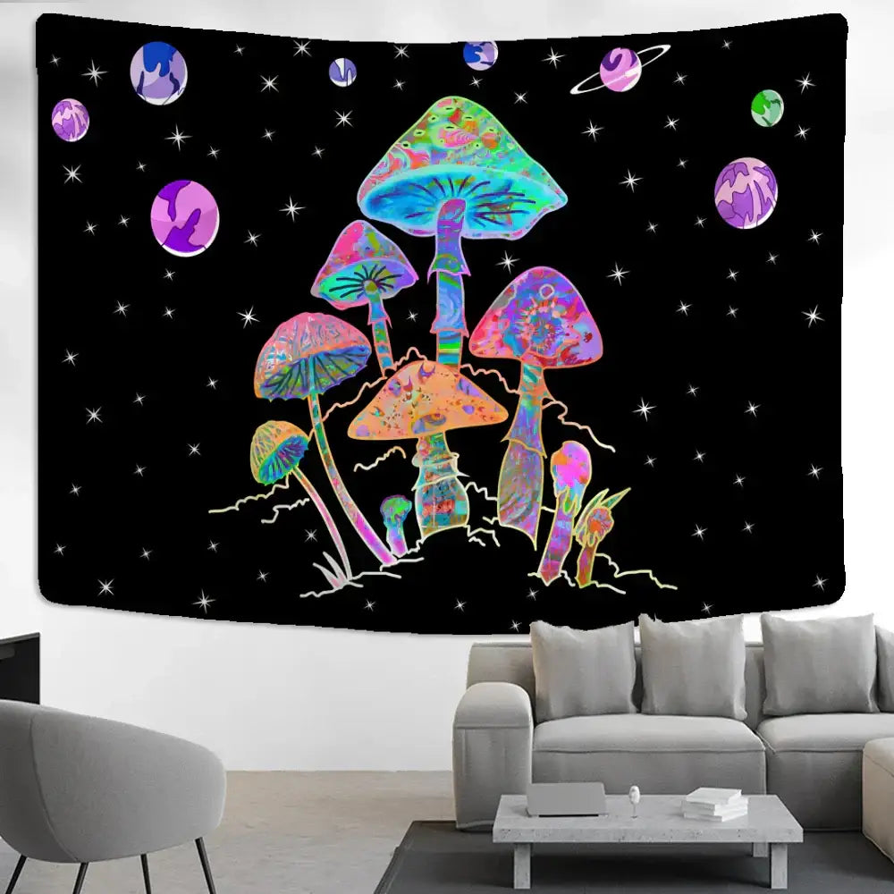 Vibrant psychedelic cartoon planet mushroom tapestry with iridescent caps and colorful planets for bedroom wall art