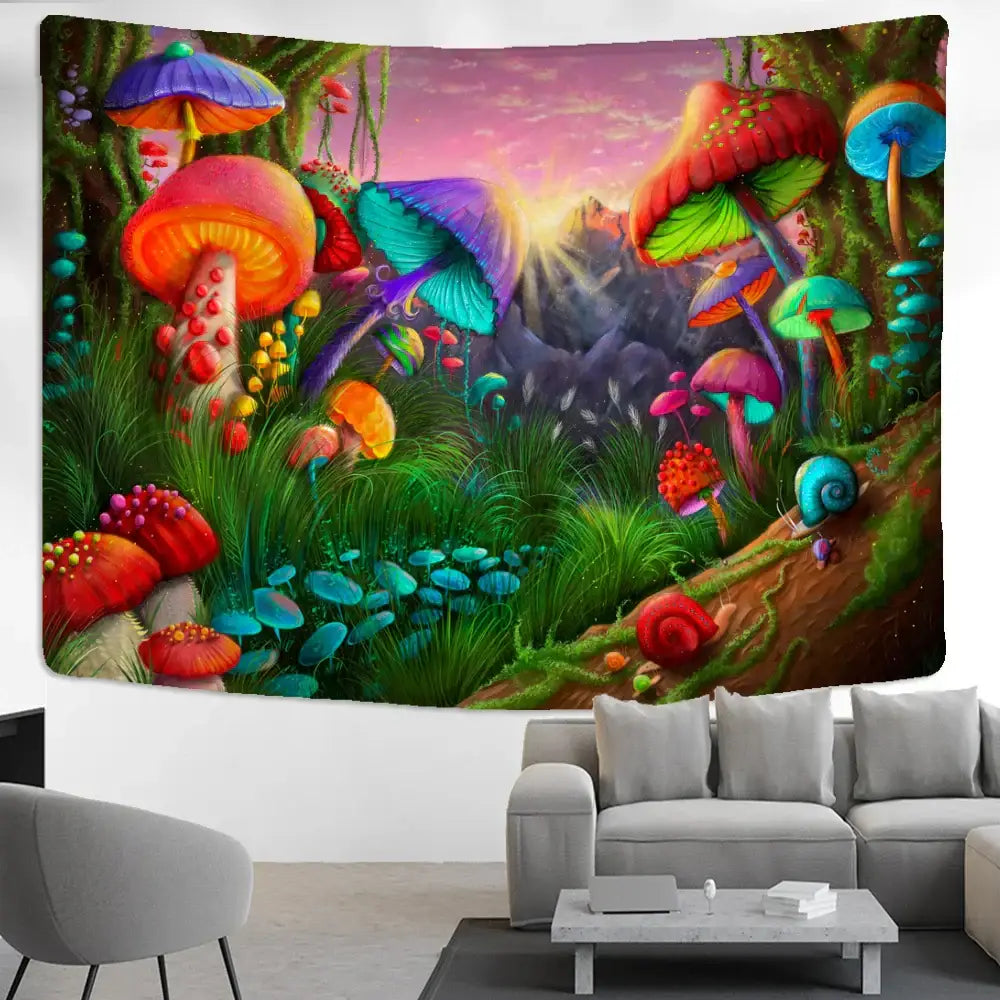 Vibrant psychedelic rainbow cartoon planet mushroom tapestry hanging on a white wall for bedroom decor