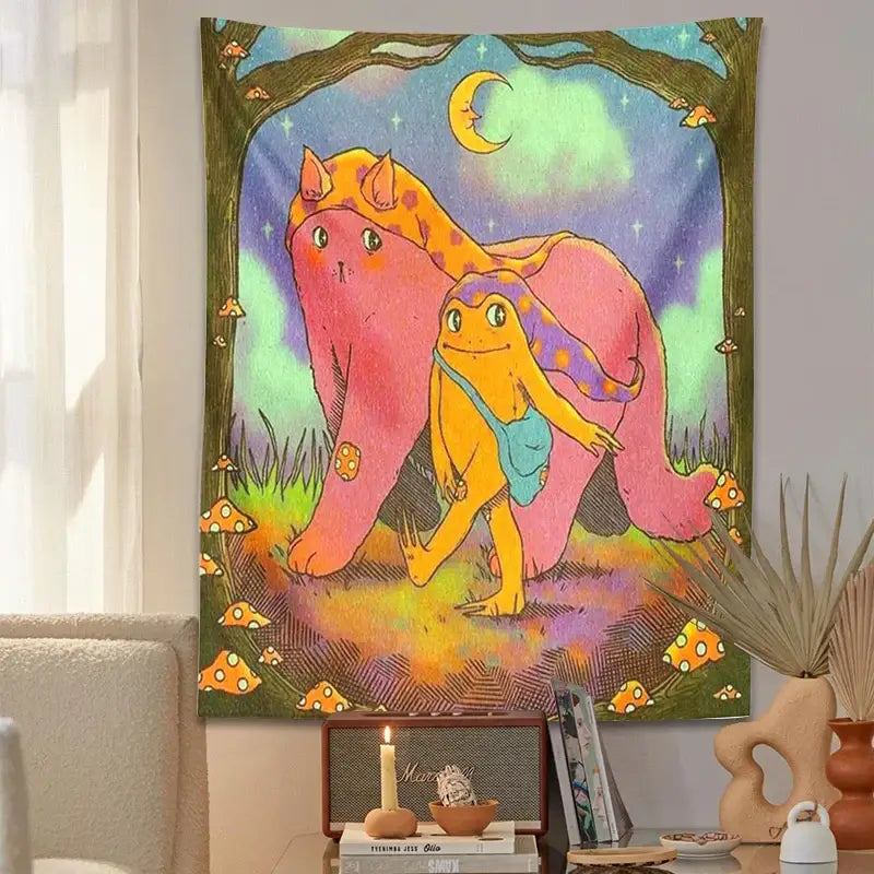 Vibrant psychedelic rainbow cottagecore frog mandala tapestry with whimsical frogs and glowing mushrooms for bedroom decorbites decor