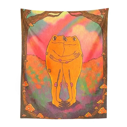 Vibrant orange cottagecore frog mandala tapestry featuring two embracing frogs under a psychedelic sky decorbites bedroom decor