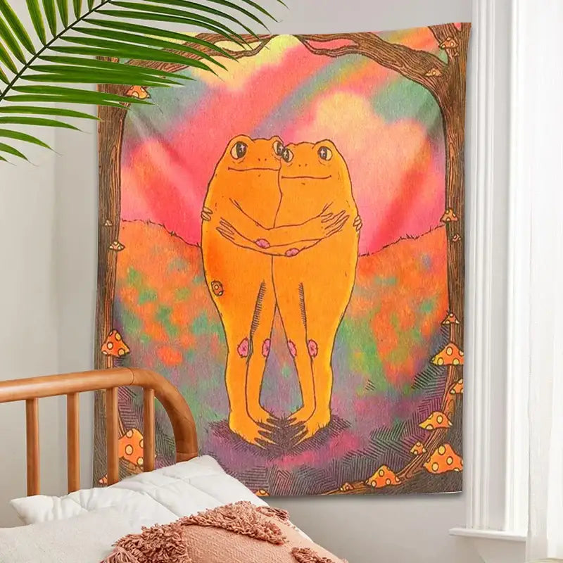 Vibrant orange cottagecore frog mandala tapestry with two hugging frogs against a psychedelic rainbow sky decorbites cottagecore frog
