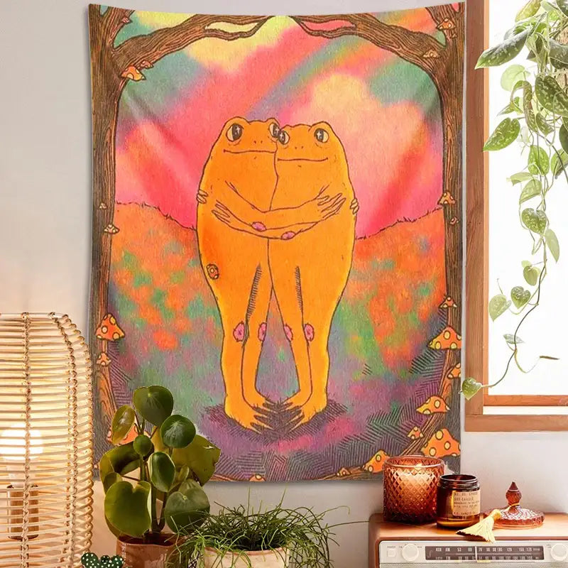 A vibrant psychedelic orange frog mandala tapestry with rainbow sky and mushrooms for decorbites cottagecore frog decor