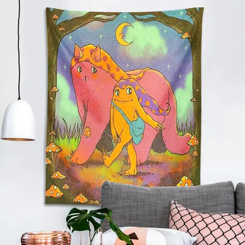 A vibrant psychedelic rainbow cottagecore frog mandala tapestry featuring whimsical pink elephant and yellow frog decorbites bedroom decor