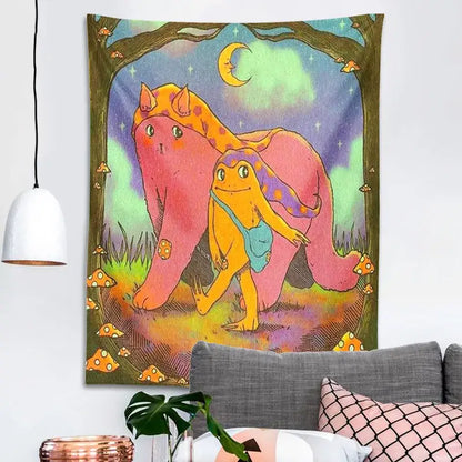 A vibrant psychedelic rainbow cottagecore frog mandala tapestry featuring whimsical pink elephant and yellow frog decorbites bedroom decor
