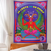 Psychedelic red baphomet tarot witchcraft tapestry wall featuring a winged goat figure on striped steps with cosmic backdrop