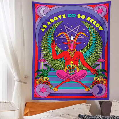 Psychedelic red baphomet tarot witchcraft tapestry wall featuring a winged goat figure on striped steps with cosmic backdrop
