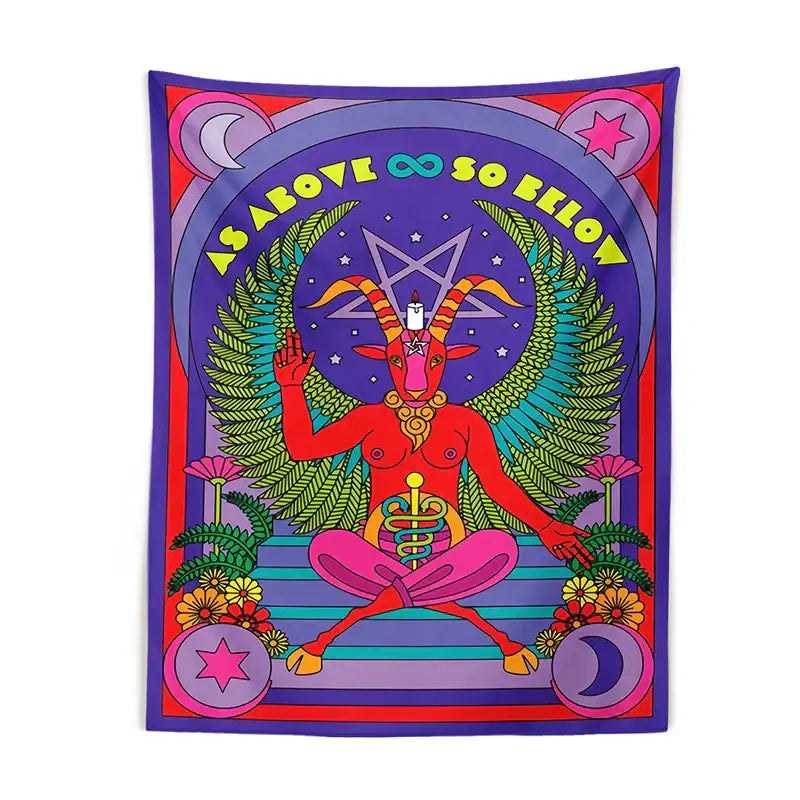 Psychedelic red baphomet tarot witchcraft tapestry with winged goat figure, green ferns, and colorful flowers on purple background