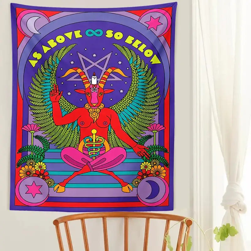 Psychedelic red baphomet tarot witchcraft tapestry with goat-headed figure and green ferns for wall bedroom decor