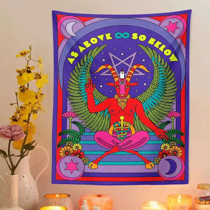 Psychedelic red baphomet tarot witchcraft tapestry featuring a winged goat figure with celestial symbols on purple background