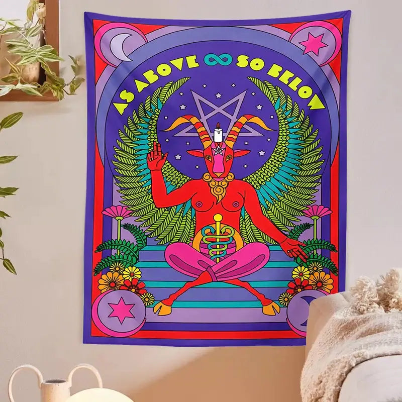 Vibrant psychedelic red baphomet tarot witchcraft tapestry wall decor with gold jewelry and mystical purple background