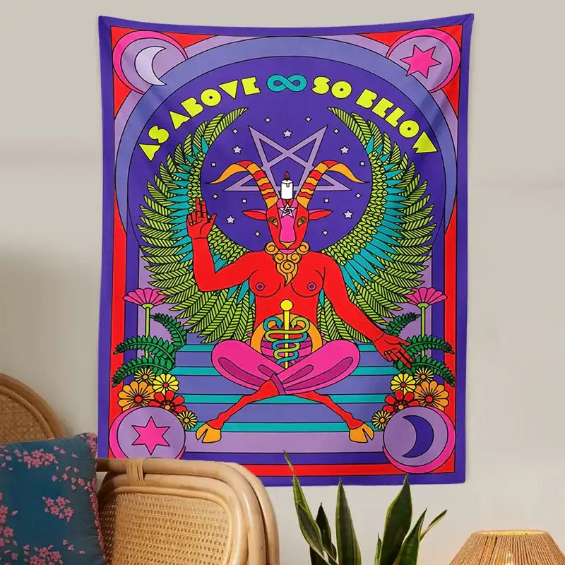 Vibrant psychedelic tarot witchcraft tapestry featuring red baphomet goat figure with gold jewelry and celestial symbols