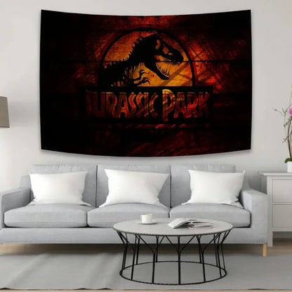Psychedelic red and blue decorbites dinosaur tapestry wall hanging featuring a black t-rex silhouette and orange sunburst