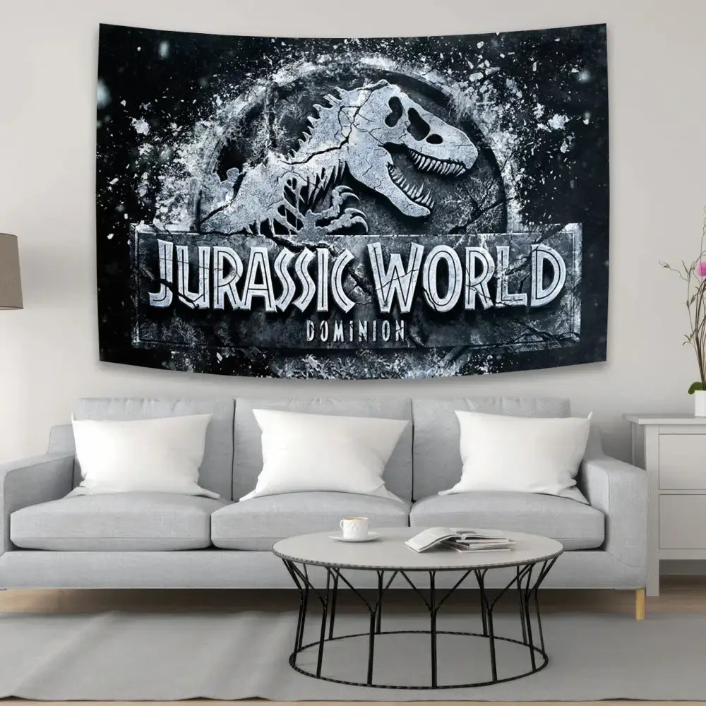 Black and white jurassic world dominion dinosaur tapestry wall hanging with cracked skull logo for decorbites dinosaur tapestry