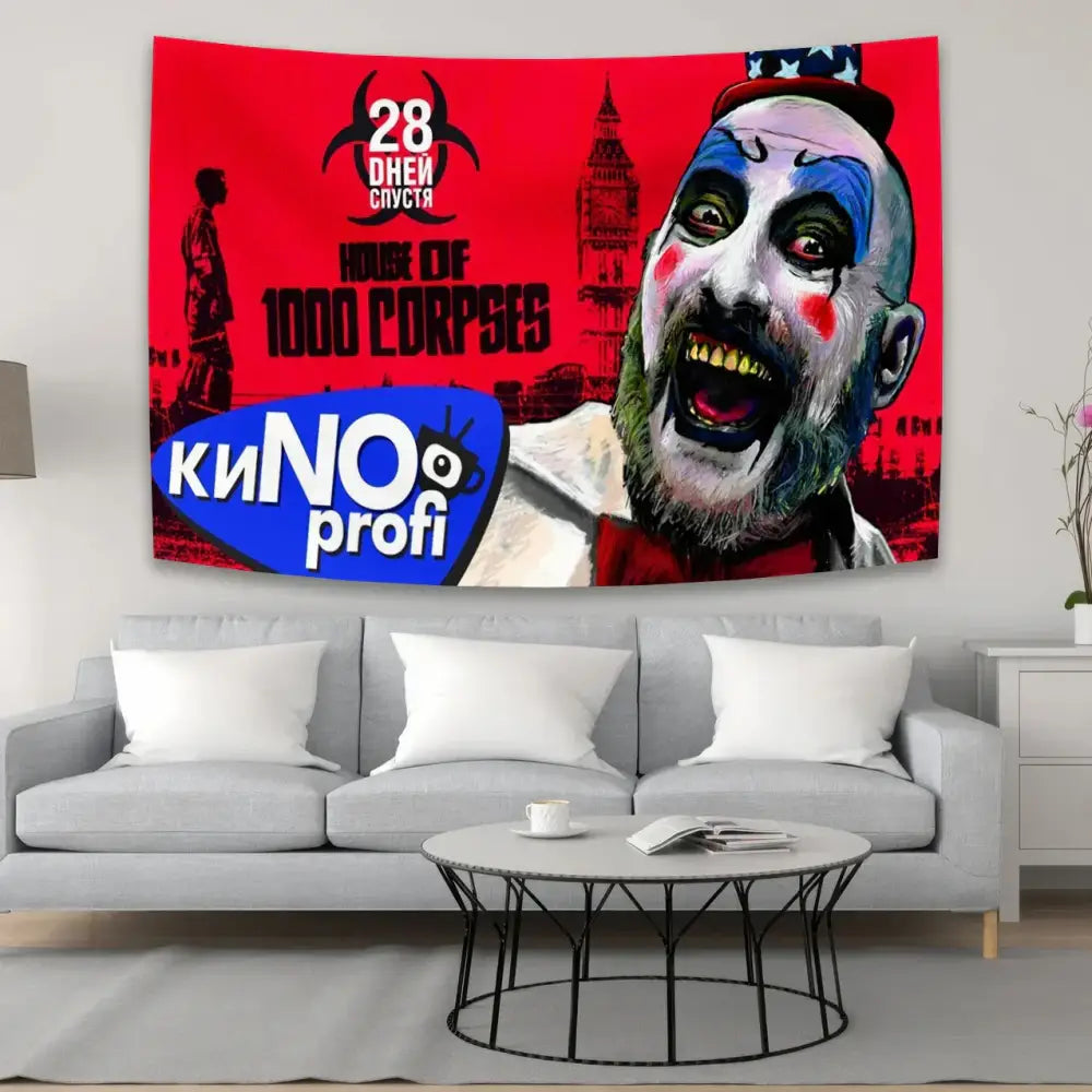 Psychedelic red and blue horror movie tapestry featuring clown and big ben silhouette for decorbites horror movie decor