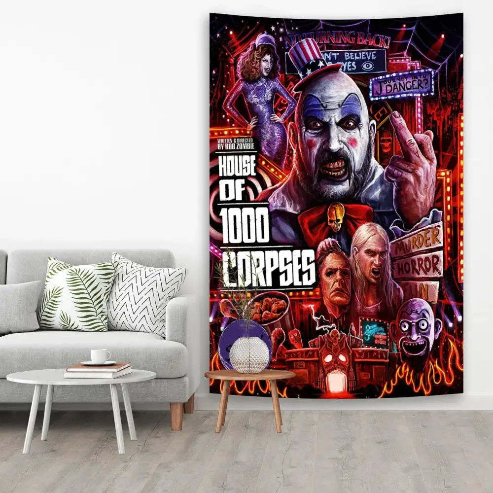 Vibrant red and black horror movie tapestry featuring House of 1000 Corpses for decorbites horror movie wall decor