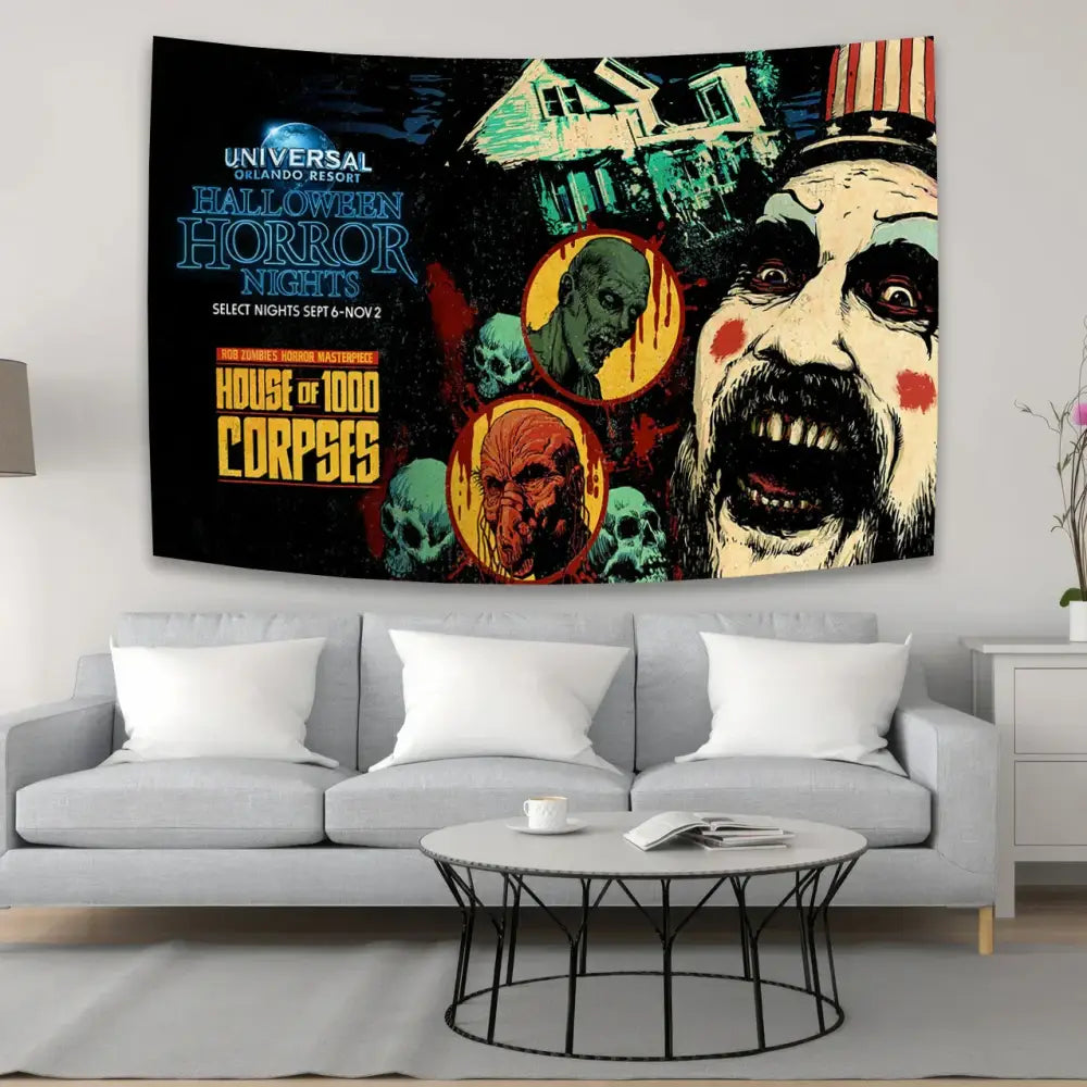 A vibrant psychedelic red and blue horror movie tapestry with menacing clown and zombie decorbites horror movie design