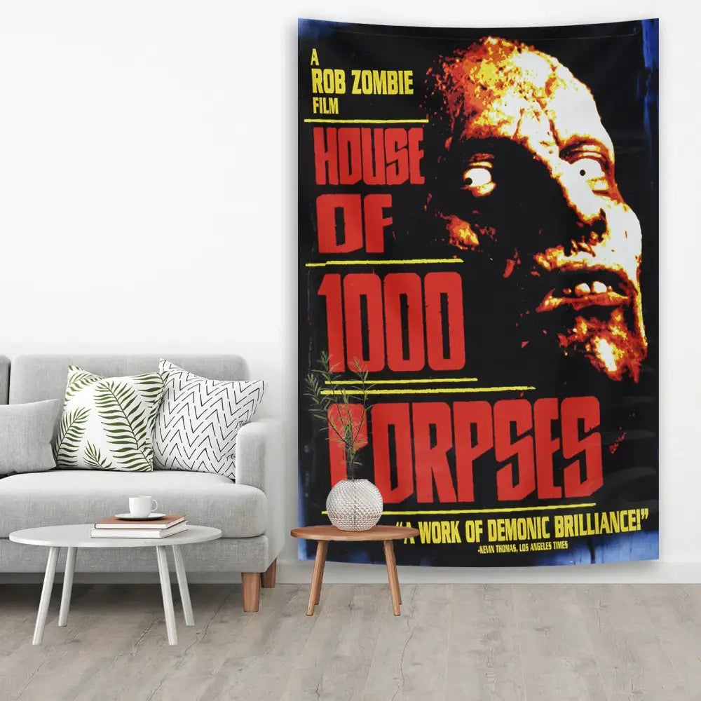 Black and red horror movie tapestry featuring rob zombies house of 1000 corpses zombie face for bedroom decorbites decor
