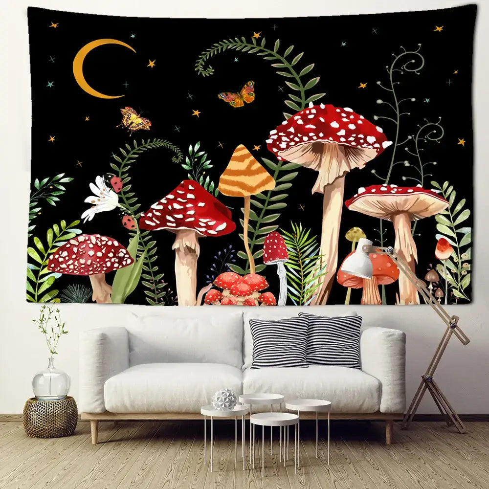 A whimsical black butterfly mushroom tapestry with red and orange mushrooms green foliage and a crescent moon for bedroom decor