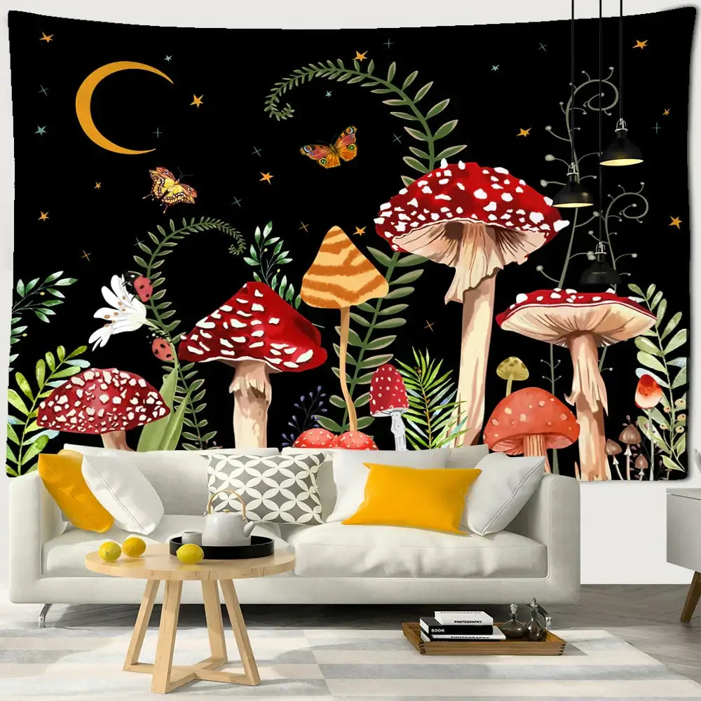 A vibrant butterfly mushroom tapestry featuring red and white spotted mushrooms with butterflies and celestial designs