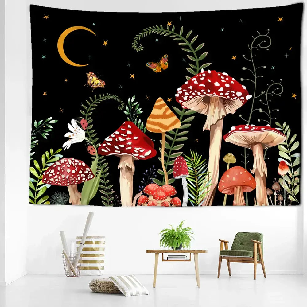 A vibrant butterfly mushroom tapestry with red and orange mushrooms green foliage butterflies and a crescent moon on black background