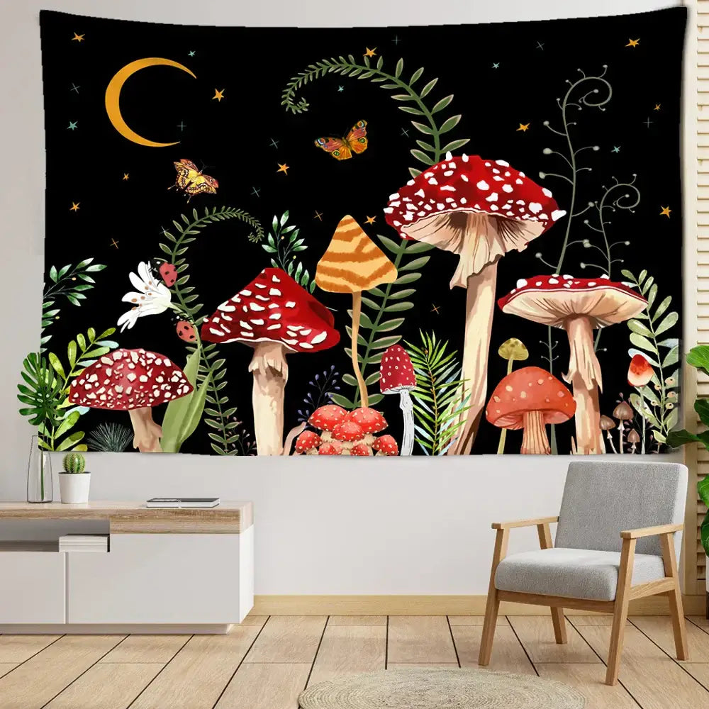 A black butterfly mushroom tapestry featuring red and orange mushrooms and butterflies for bedroom decor