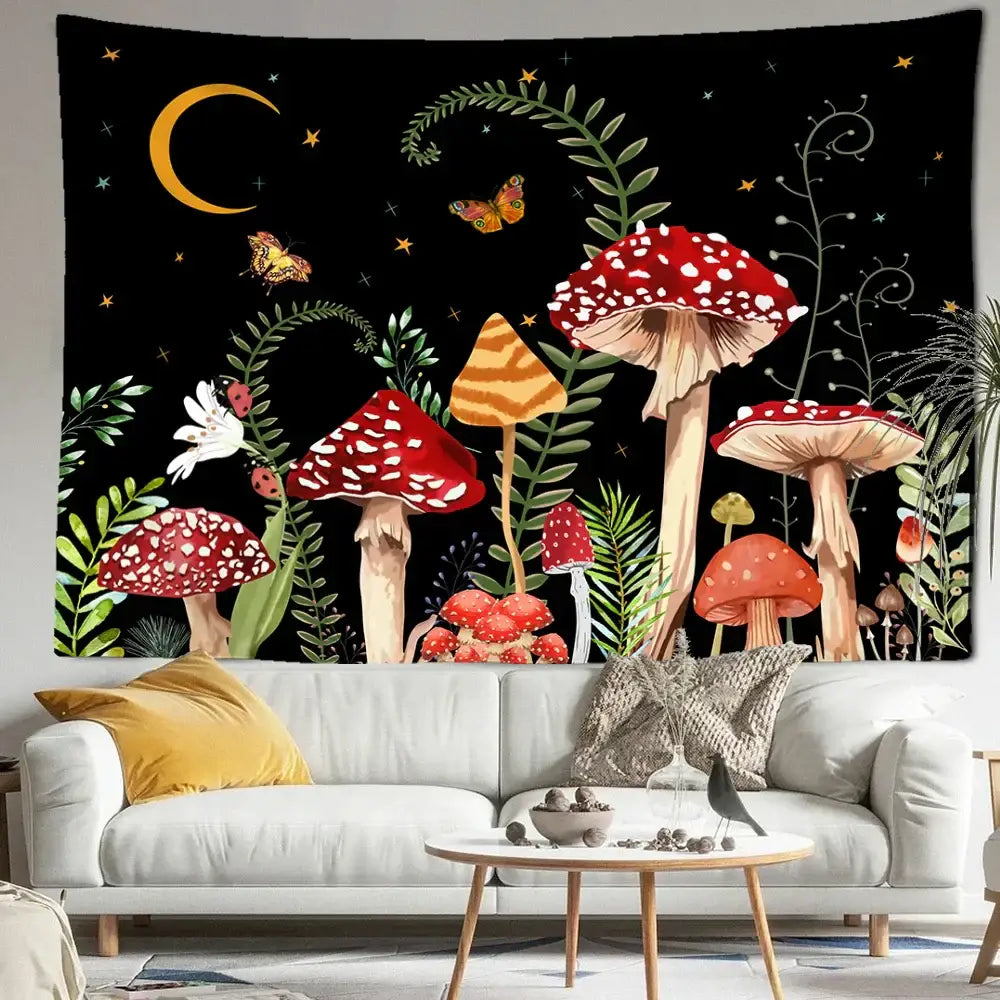A vibrant black butterfly mushroom tapestry featuring red and orange mushrooms crescent moon stars and green foliage for bedroom decor