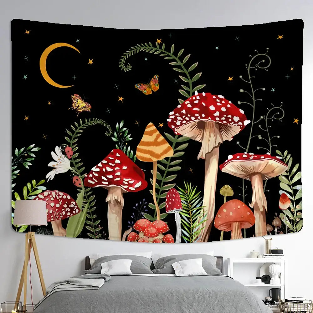 A black butterfly mushroom tapestry with red and orange mushrooms green foliage and butterflies for bedroom decor