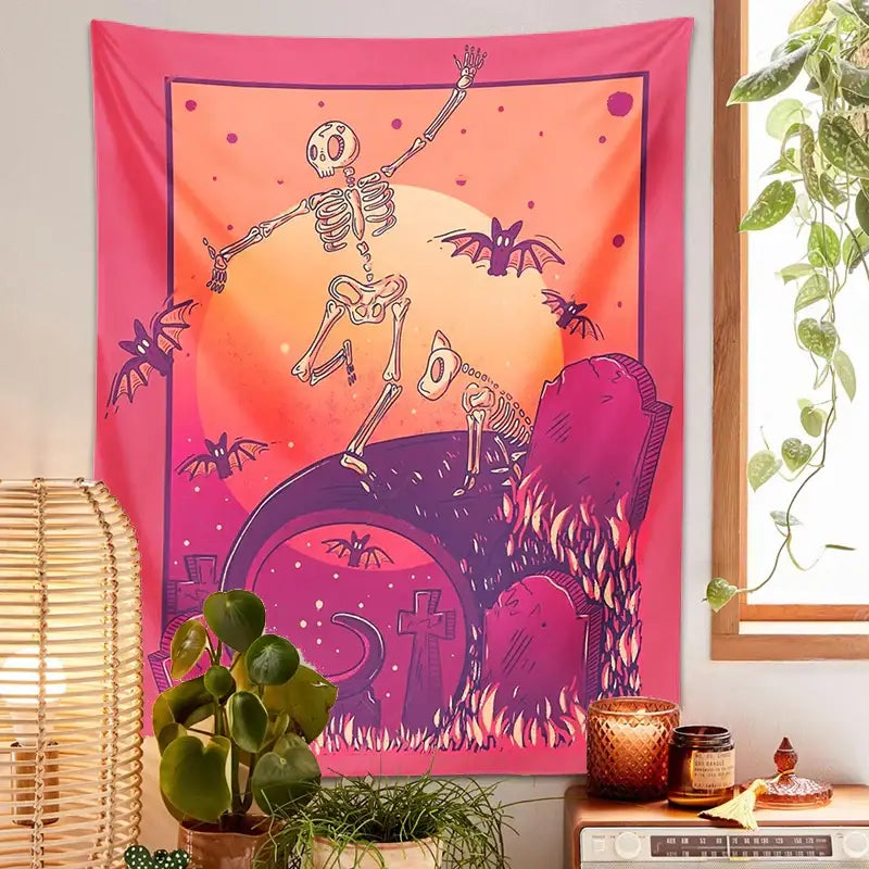 Vibrant pink and orange skeleton psychedelic tapestry with purple bats and tombstones for bedroom decorbites decor