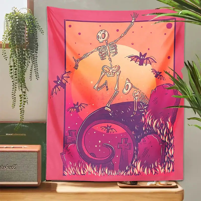 Vibrant pink and orange psychedelic skeleton tapestry featuring a dancing skeleton with bats and tombstones for decor