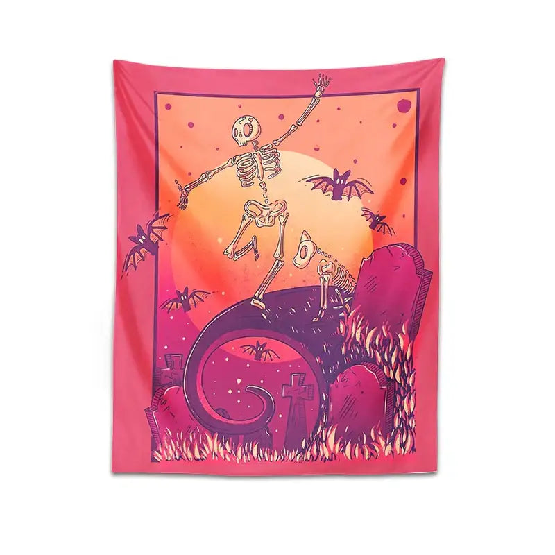 A vibrant pink and orange skeleton psychedelic tapestry with dancing skeleton and tombstone for bedroom decor