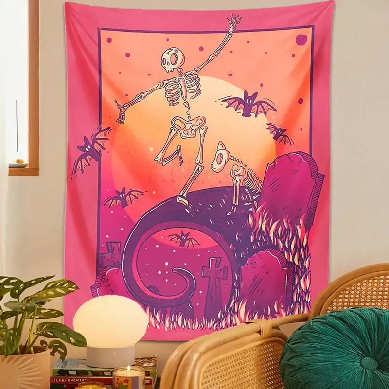 Vibrant pink and purple skeleton psychedelic tapestry with bats and tombstones for bedroom decorbites decor