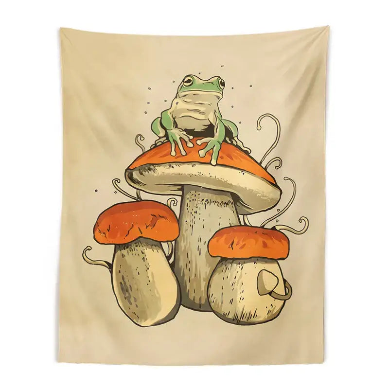 Beige tapestry decorbites frog mushroom design with green frog and orange-capped mushrooms for psychedelic wall decor