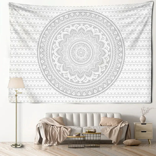 A white and grey mandala tapestry with intricate circular patterns serves as decorbites grey mandala bedroom wall art