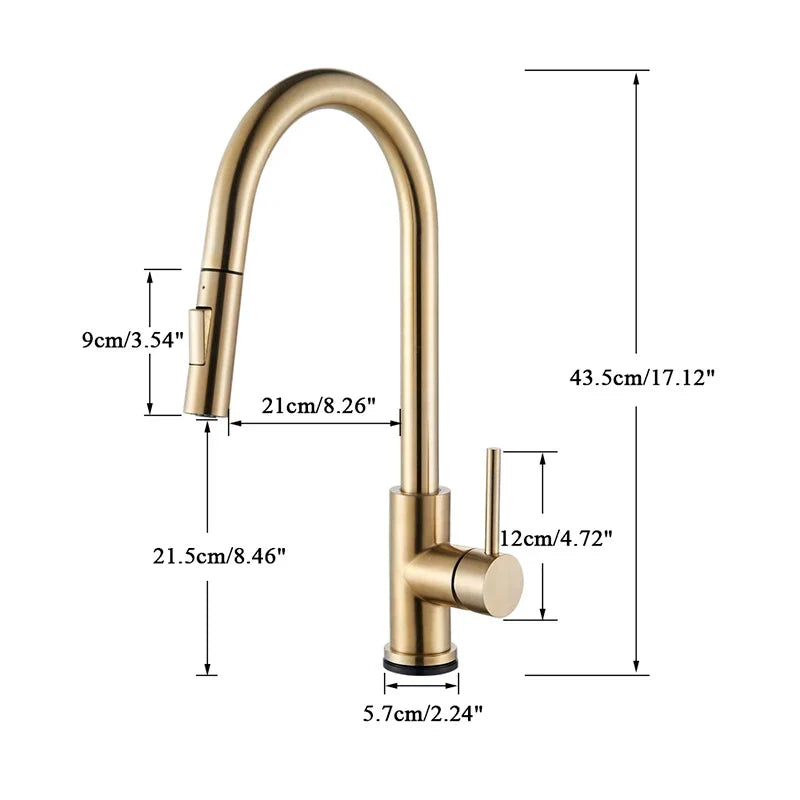 Gold-toned pull out kitchen faucet with 360 rotation single lever mixer tap for hot water single hole installation