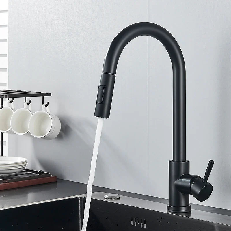 Black matte finish pull out kitchen faucet with 360 rotation single hole mixer tap for hot water use