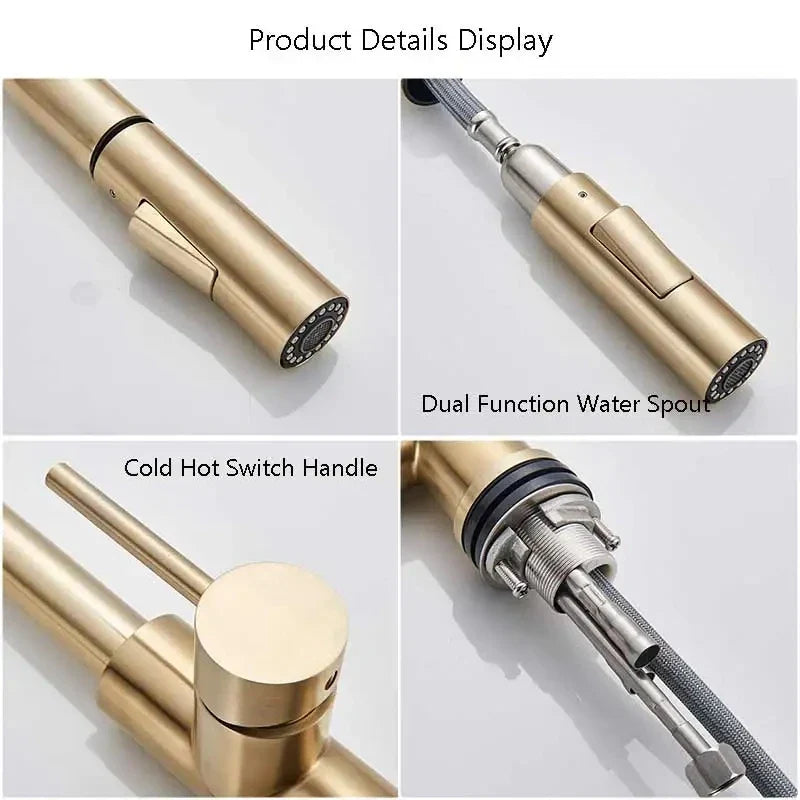 Brass-finished pull out kitchen faucet with single hole mixer tap, dual-function spray head, and hot water switch handle