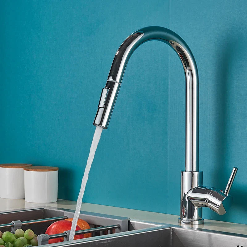 Chrome finished single lever pull out kitchen mixer tap with 360 rotation for hot water and single hole installation