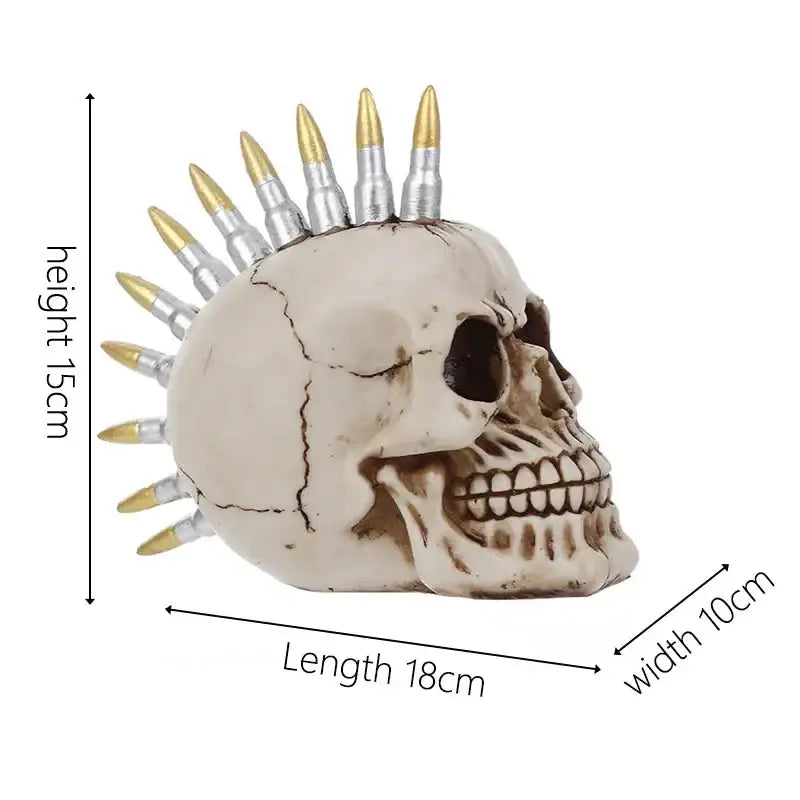 Off-white resin skull head figurine with a silver and gold-tipped bullet skull head mohawk for living room decor