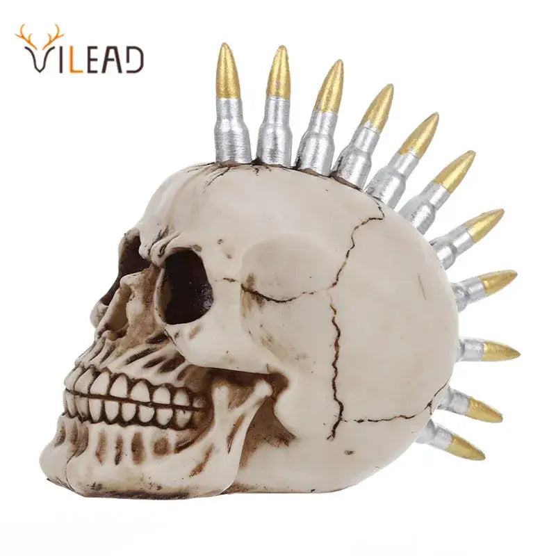 Beige resin skull head ornament with silver and gold-tipped bullet casing mohawk for living room decor