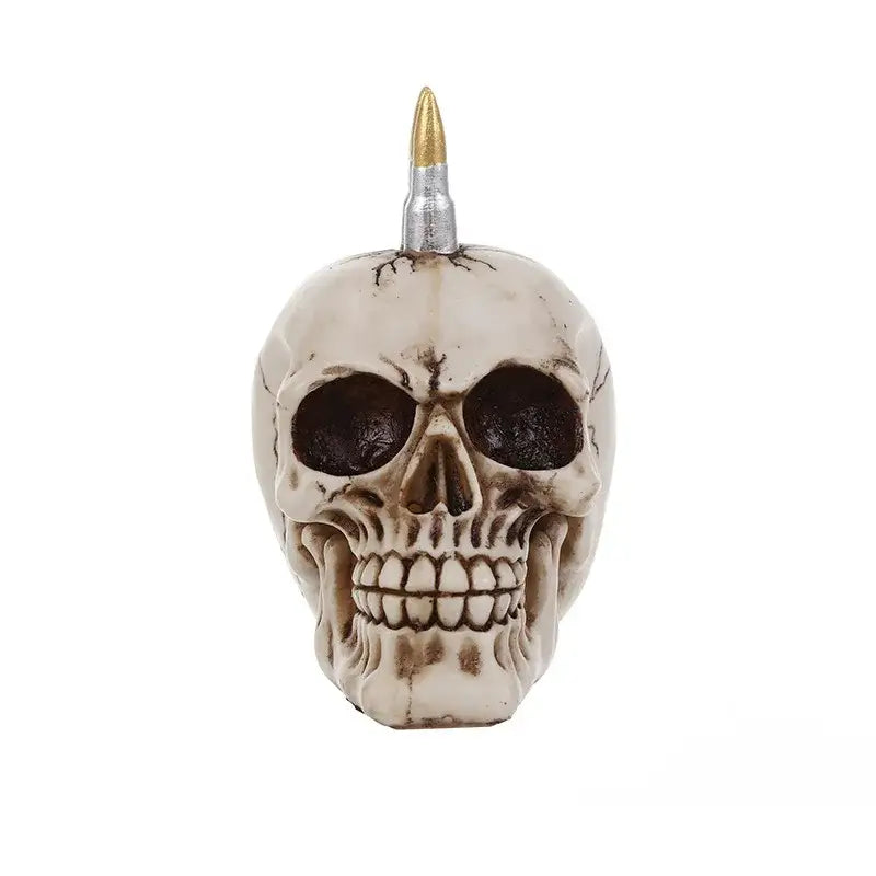 Punk beige resin skull head statue featuring a white resin skull with a gold-tipped skull head bullet mohawk for living room decor