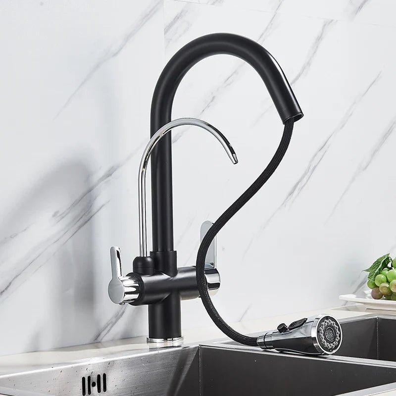 Black and chrome stainless steel kitchen faucet with curved spout, pull-out spray, dual handles, single hole installation