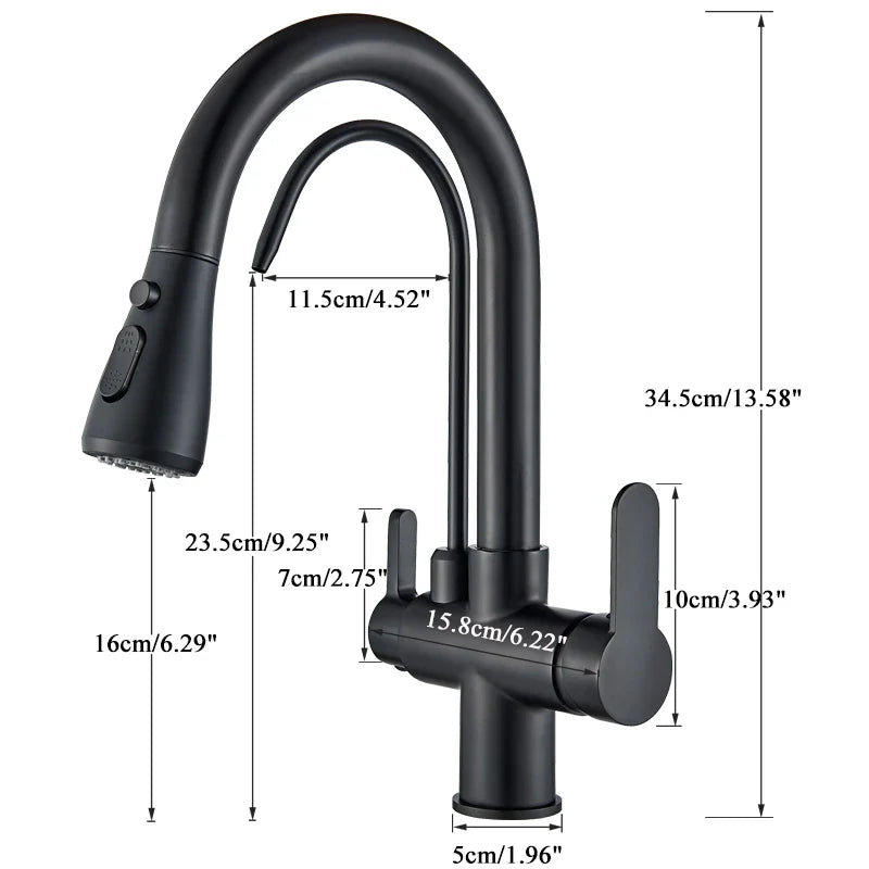 Black matte single hole kitchen faucet with stainless steel pull-down spray head and 360° rotating filter