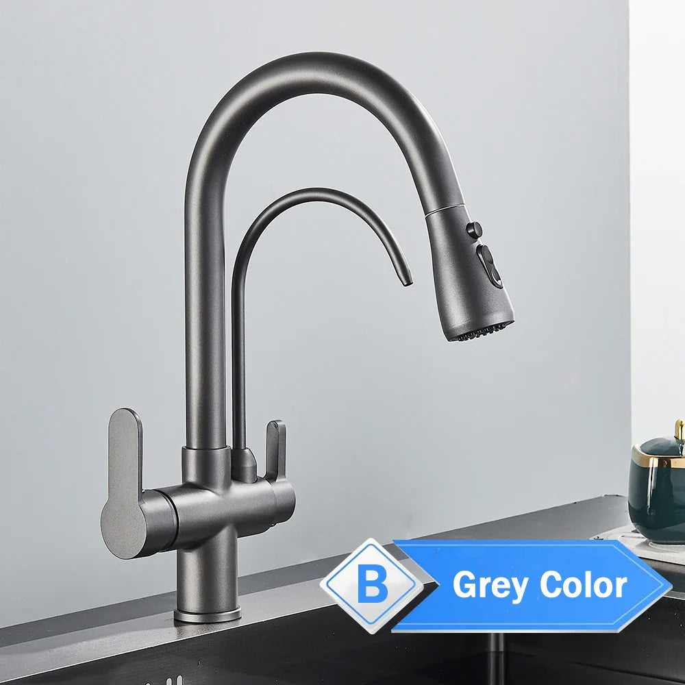 Modern matte grey stainless steel kitchen faucet with single hole installation and 360° rotating pull-down spray head