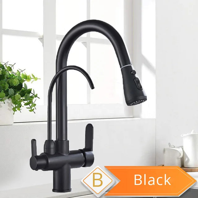 Black matte single hole kitchen faucet with stainless steel pull-down spray head and 360° rotating curved spout