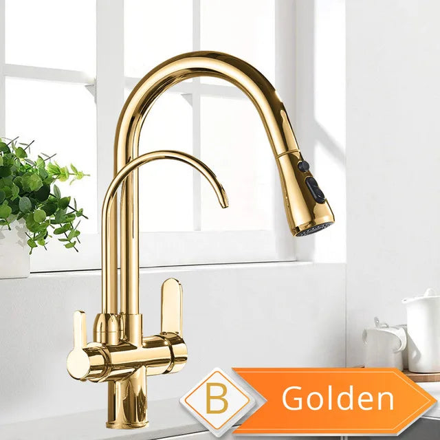 Golden gooseneck kitchen faucet with sleek polished finish, pull-down spray head, stainless steel single hole design