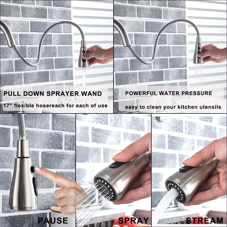 Stainless steel black single hole pull-down kitchen faucet with flexible hose 360° rotating and multiple spray settings
