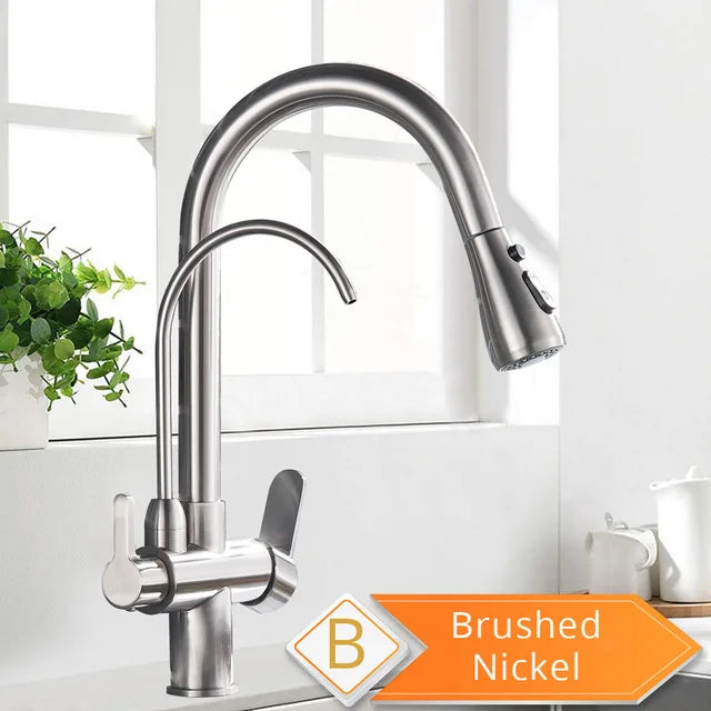 Brushed nickel stainless steel kitchen faucet with sleek arched spout single hole pull-down spray head black design