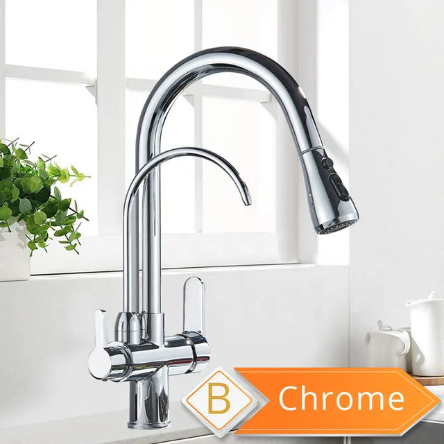 Chrome-finished single hole kitchen faucet with stainless steel pull-down spray head and sleek arched spout design
